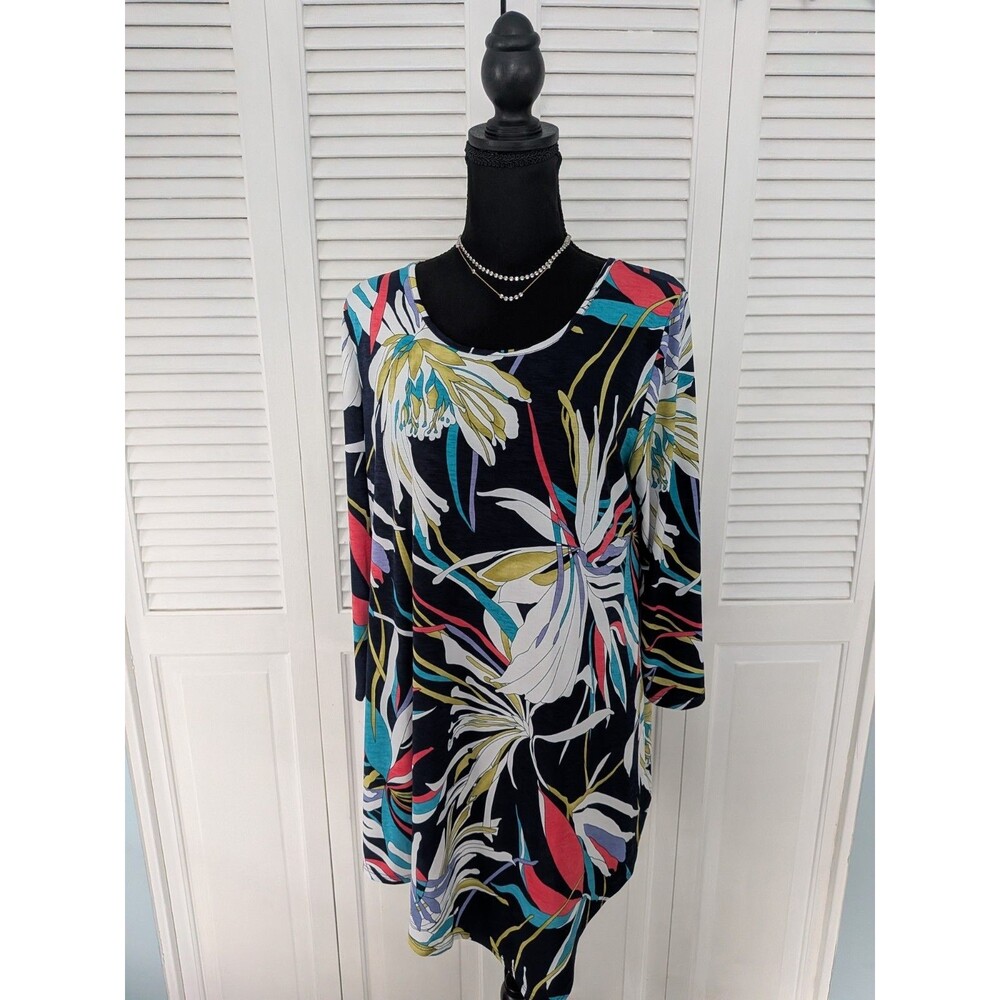 Clara Sun Woo Top Womens M Relaxed Tunic Multi Floral Art Blue Assymetric Blouse